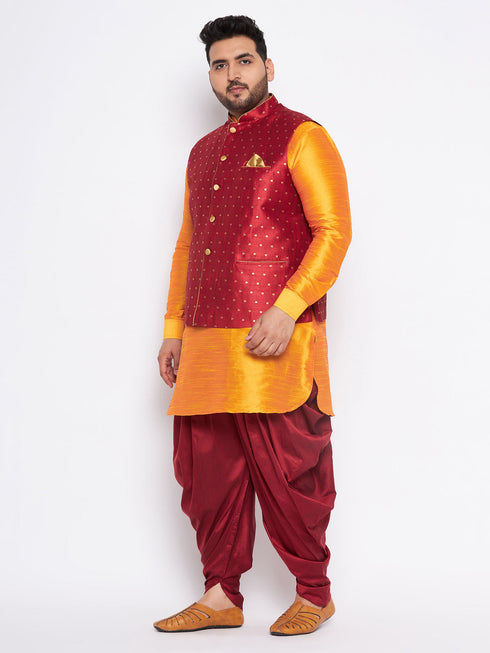 Vastramay Men's Plus Size Maroon Zari Weaved Nehru Jacket With Curved Kurta Dhoti set